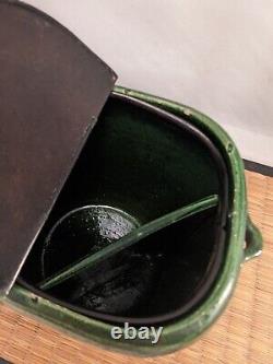 Antique Japanese KYOTO KIYOMIZU Green Ceramic Lidded Container Camellia Flowers