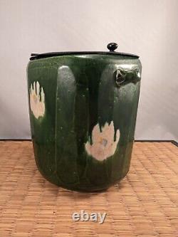 Antique Japanese KYOTO KIYOMIZU Green Ceramic Lidded Container Camellia Flowers