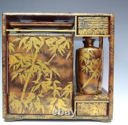 Antique Japanese Lacquer Bamboo Maki-e Picnic Lunch Box Jubako Sake Bottles Edo