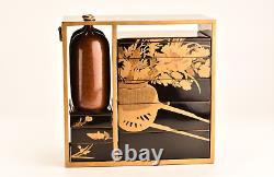 Antique Japanese Lacquer Maki-e Picnic Lunch Box Jubako with Sake Bottles