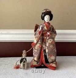 Antique Japanese Meiji Era Ningyo Geisha Doll Walking A Dog