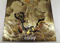 Antique Japanese Metal Plaque KANNON Goddess of Mercy Three Toed Dragon SIGNED