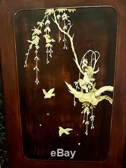 Antique Japanese Oriental 2 Panel Inlayed Bone Mother/Pearl Room Divider Screen