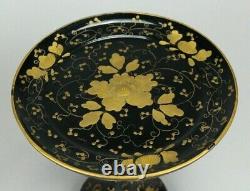 = Antique Japanese Pair of Lacquered Wood Tazzas Compotes Black w Golden Flowers
