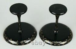 = Antique Japanese Pair of Lacquered Wood Tazzas Compotes Black w Golden Flowers