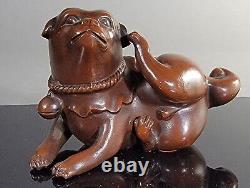 Antique Japanese Patinated Cast Iron Recumbent Pug Dog Okimono Figurine c1930's
