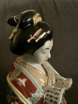 Antique Japanese Porcelain Kutani Geisha Woman Reading Scroll Okimono Figurine