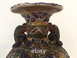 Antique Japanese Satsuma Earthenware Double Handle Urn Vase, 12 1/2 Tall