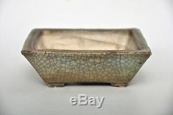 Antique Japanese Shigaraki White Green Crackle Glazed Square Bonsai Pot Patina