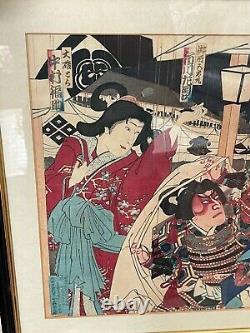 Antique Japanese Signed Triptych Woodblock Print Samurai Kabuki Theater Actors