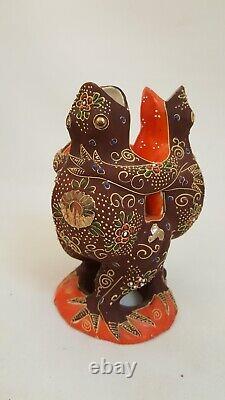 Antique Japanese Three Dancing Frogs Spill Vase 1920s Good luck, Satsuma, Art De