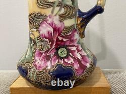 Antique Japanese Unmarked Nippon Porcelain Pitcher Vase Painted Flowers Moriage