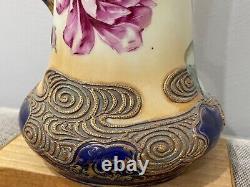 Antique Japanese Unmarked Nippon Porcelain Pitcher Vase Painted Flowers Moriage