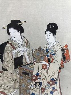 Antique Japanese Watercolour Geisha Bonsai Frames Signed Seal Mark