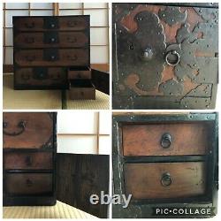 Antique Japanese Wood Craft Furniture Cabinet 1900's Isho-Tansu Chest H. 23inch