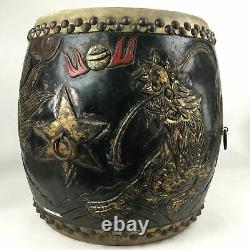Antique Japanese Wooden Taiko Drum C1900 Dragon Matsuri Musical Instrument BD718