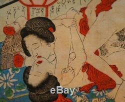 Antique Japanese fine Shunga erotic art wood block print 1880s Japan original