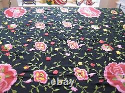 Antique Large Black Silk Embroidered Floral Pink Roses Canton Piano Shawl Scarf