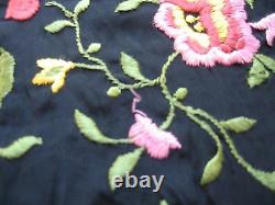Antique Large Black Silk Embroidered Floral Pink Roses Canton Piano Shawl Scarf