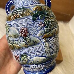 Antique Majolica Double Handle Vase Japan Blue Raised Relief Village Scene 6.5