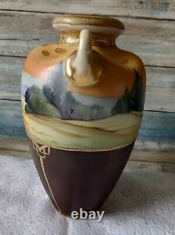 Antique Matte Nippon Moriage Morimura 2 Handle Vase Gold Hand Painted Landscape