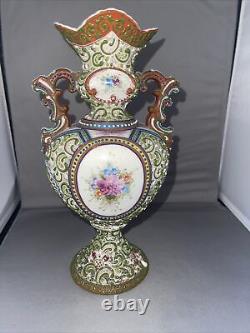 Antique Nippon Japanese Moriage Detail Handpainted Vase, 11 Tall