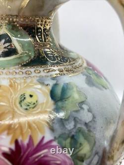 Antique Nippon hand painted Porcelain vase floral Pinks Greens Yellow gold Trim