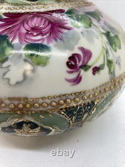 Antique Nippon hand painted Porcelain vase floral Pinks Greens Yellow gold Trim