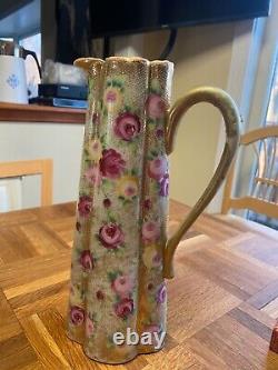 Antique Porcelain Early Nippon Moriage Hand Painted Roses Tall Pitcher 13