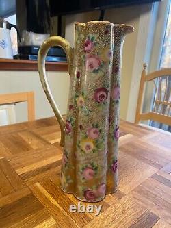Antique Porcelain Early Nippon Moriage Hand Painted Roses Tall Pitcher 13