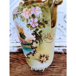 Antique Porcelain HAnd Painted NIppon Double Handle Vase Flowers LAke Scene