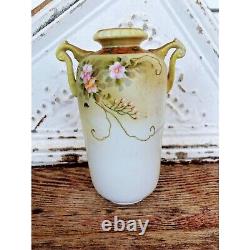 Antique Porcelain HAnd Painted NIppon Double Handle Vase Flowers LAke Scene