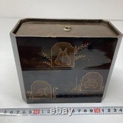Antique Wooden Box Rabbit Makie 5.9 inch Japanese