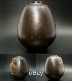 BV84 RYUSEN Japanese Meiji era Antique Mandarin duck Bronze vase withbox Japan