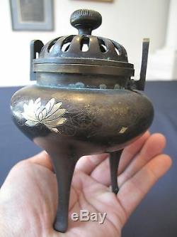 Beautiful Late Meiji Japanese Bronze Incense Burner with Gold & Silver Inlay