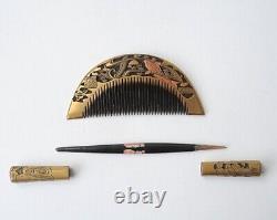 Comb Kushi Kougai Hair Accessory Stick KYOTO NARA, carved Koi carp, gold Makie