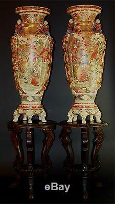 Exceptional Pair Of Large Vases Satsuma. Glazed Porcelain. Japan. XIX