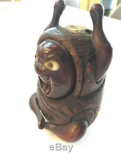 FINE Antique, Japanese/Japan Wooden Okimono Netsuke Angry God withabalone shell