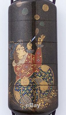 Gold Lacquer Seal Case (Makie Inro) Southern Barbarian with Manji Netsuke Japan
