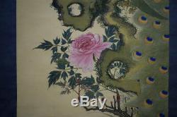 HANGING SCROLL JAPANESE PAINTING FROM JAPAN Peacock PEONY ANTIQUE Old ART 211m