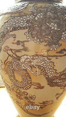 Huge Antique Meiji period Japanese Dragon & pearl satsuma vase 22 tall
