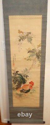 Huge Old Japanese Original Watercolor Rooster Scroll Painting Signed