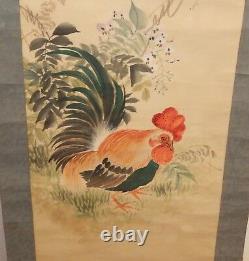 Huge Old Japanese Original Watercolor Rooster Scroll Painting Signed