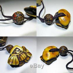 INRO Netsuke Gold Makie Black shell Antique lacquer Japan