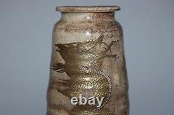 Ikebana hanaike wall vase, stoneware, overglaze golden dragon, by Koji, Japan