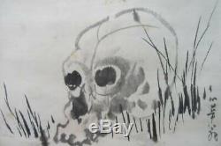 JAPANESE PAINTING HANGING SCROLL Japan Skull Bone ANTIQUE VINTAGE ORIGINAL d322