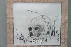 JAPANESE PAINTING HANGING SCROLL Japan Skull Bone ANTIQUE VINTAGE ORIGINAL d322