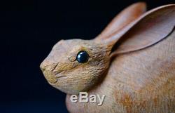 JAPANESE Rabbit Ornament WOODEN RARE ART RARE WOOD Japan Old ASIAN 188m