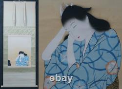 Japan Bijin Girl scroll water color painting 1900s on silk art