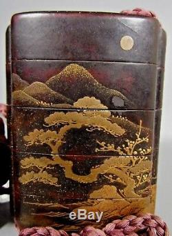 Japan Japanese Gold & Black Lacquer Mt. Fuji Inro with Ojima & Oni Netsuke ca 1900